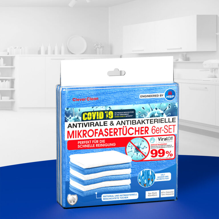 Clever Clean cleaning textiles are world novelty: they contain a protective shield that reduces SARS-CoV-2 and other viruses, bacteria and germs by 99 percent. Hamburg based trading company HSP Hanse Shopping has developed the world‘s first cleaning textiles with antiviral coating against Covid-19! The feel of security has given way to a diffuse fear due to the corona pandemic - even in the most personal retreat: our own four walls - our homes! The Hamburg-based retail company HSP Hanse Shopping has now developed a new, certified product range to combat this problem: cleaning textiles with the antiviral coating ViralOff.Your mop cleans the house, but who cleans the mop?